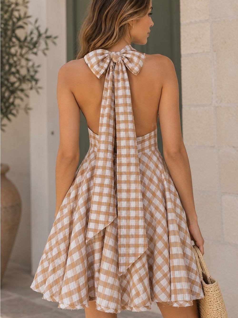 Free People Tan and White Gingham Backless A-Line Dress - Picture 3 of 9